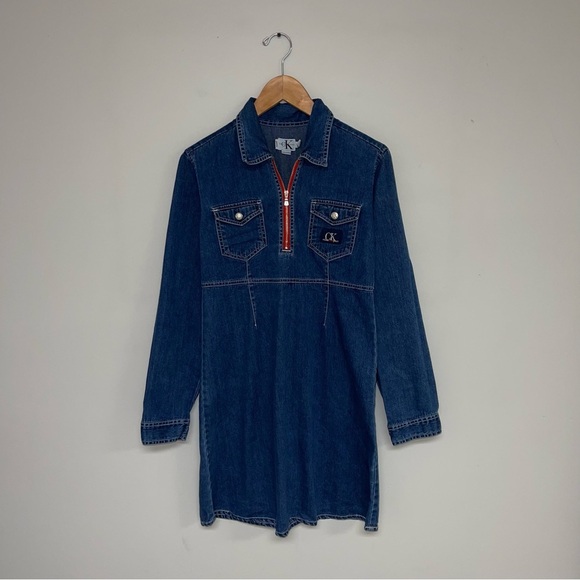 Calvin Klein Denim Dress Size Medium Petite Blue Red Long Sleeve Vintage Jean - Picture 2 of 8